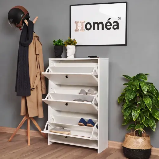 Homea 3 Bölmeli Düşer Kapaklı Ayakkabılık Beyaz