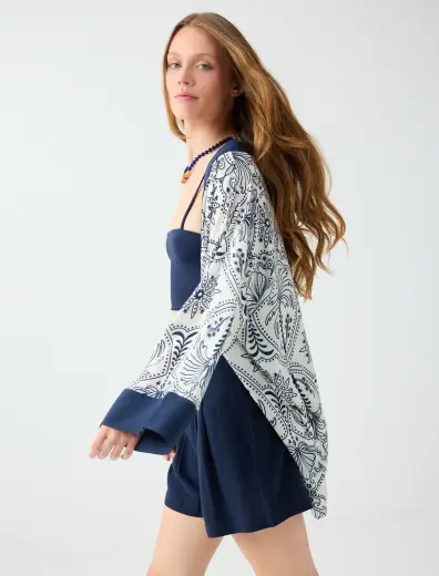 Etnik Desenli Uzun Kol Dokuma Kimono