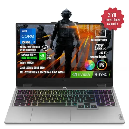 Lenovo LOQ 17IRX10 83JH006ETR-10 i7-13650HX 32 GB DDR5 1 TB+512 GB SSD RTX5060 8 GB 17.3" IPS 165Hz FreeDos Taşınabilir Bilgisayar