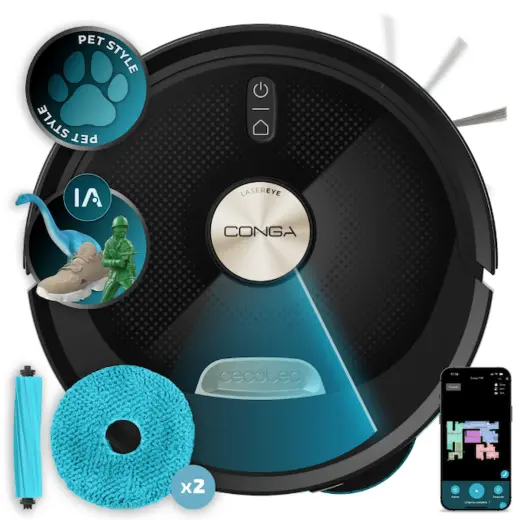 Cecotec Conga M100 Robot Süpürge Akıllı Haritalama Yapay Zeka 20.000 Pa Emiş Gücü Spin Mop Siyah