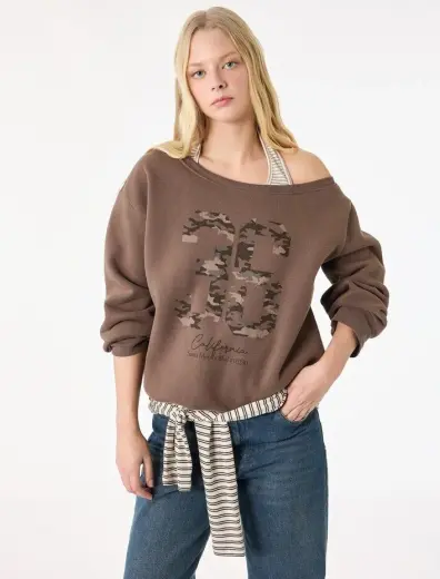Üç İplik Şardonlu Uzun Kollu Baskılı Halter Yaka Sweatshirt