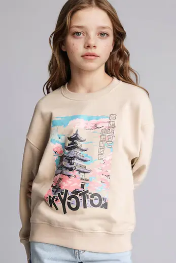 Relax Fit Bisiklet Yaka Baskılı Sweatshirt Kız Çocuk