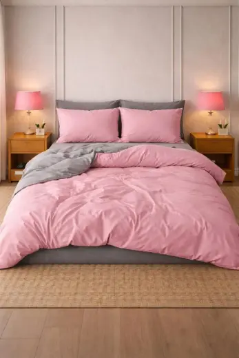 More Home Tek Kişilik Nevresim Takımı Lastikli Çarşaflı Pembe Gri