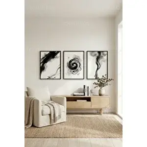 Tontilika Soyut Mürekkep Akışı 3’lü Ahşap Çerçeveli Tablo Seti 50 x 70 cm