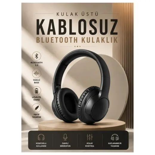 Renas Store Kablosuz Bluetooth Kulaklık Kulak Üstü Mikrofonlu 5.0 Bluetooth Anc Özelliği