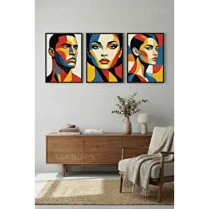 Tontilika Renkli Geometrik Soyut Portre 3’lü Ahşap Çerçeveli Tablo Seti 30x42 cm