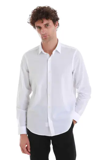 Beyaz Comfort Fit %100 Pamuk Slim Yaka Uzun Kollu Spor Gömlek