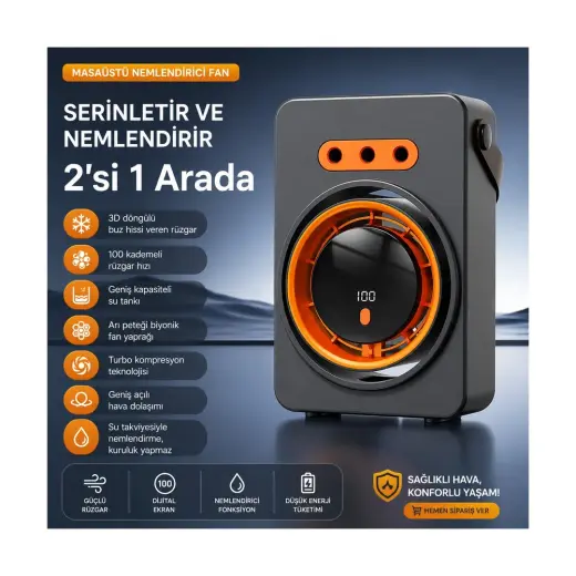 Azurtech Masaüstü Nemlendiricili Fan | Dijital Ekranlı, 100 Kademe Rüzgar Hızı, USB Şarjlı Taşınabilir Mini Klima Fanı