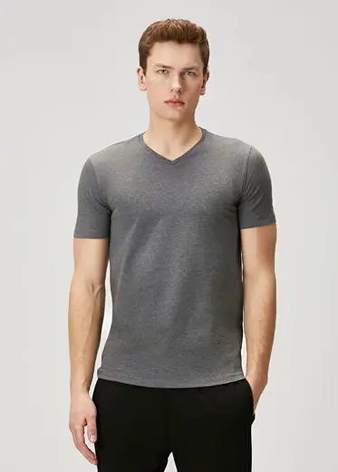 2li Koyu Gri V Yaka Basic T-shirt