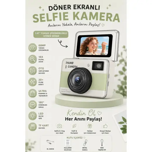 Robeve 68MP 16X Zoom Döner Ekranlı Mini Dijital Fotoğraf Makinesi