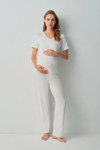 Ekru Pearl Hamile Lohusa Pijama Takımı
