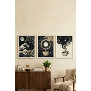 Tontilika Ayın Ve Kahvenin Büyüsü 3’lü Ahşap Çerçeveli Tablo Seti 21x30 cm