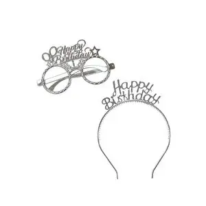 Parti Adresi Happy Birthday Taç Gözlük Set Doğum Günü Parti Aksesuarı Gümüş