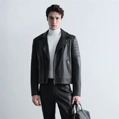 Erkek Koyu Kahve Eskitme Vintage Deri Biker Ceket