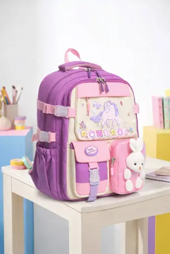 Kore Tarzı Unicorn Figürlü Çok Bölmeli Ilkokul Sırt Çantası, Kız Çocuk Okul Çantası
