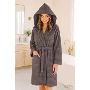 Mira Home Kapşonlu Pamuklu Erkek / Kadın Bornoz | Büyük Beden Seçenekli Silvia Gri-3xl Gri