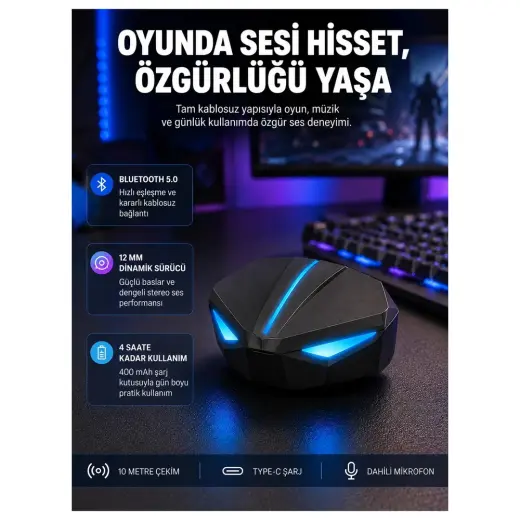 Akıllı Bayi Tam Kablosuz Oyuncu Kulaklığı 5.0 Bluetooth LED Kontrollü Yeni Nesil Aby