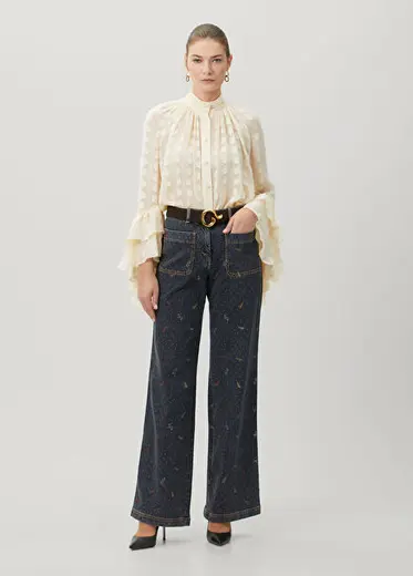 Lacivert Puantiyeli Wide Leg Jean Pantolon