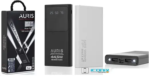 Auris K28 12000 mAh 44.5W Powerbank, LCD Gösterge, 2 Flash Işıklı, Beyaz