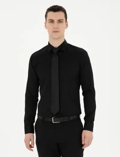 Siyah Likralı Kolay Ütülenebilir Ekstra Slim Fit Basic Gömlek