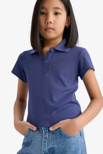 Slim Fit Dar Kesim Polo Yaka Basic Düz Fitilli Kaşkorse Kısa Kollu Tişört Kız Çocuk