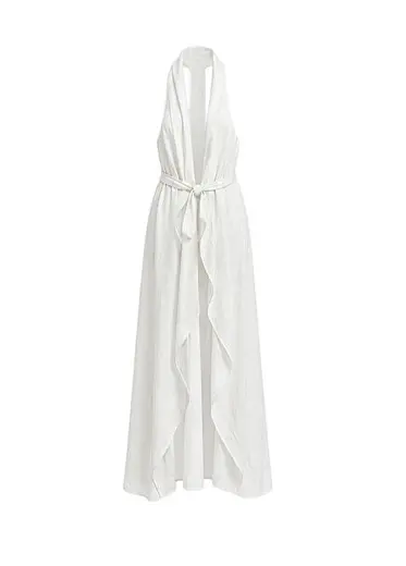 Beyaz Keten Halter Askı Detaylı Kolsuz Kadın Uzun Kimono