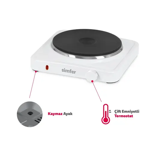 Simfer Hp1500w Beyaz Hot Plate Tek Gözü Elektrikli Ocak (Çift Emniyetli Termostat , 1500W Krom Çember)