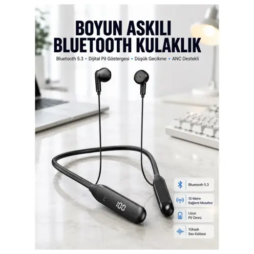 Masa Dostu 60 Saat Kablolu Boyun Askılı Dijital Göstergeli Bluetooth Kulaklığı Yeni Nesil Tdms-07