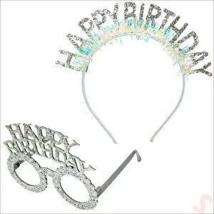 SüSLe Bebek ve Parti Happy Birthday Taç Ve Gözlük Seti - Gümüş