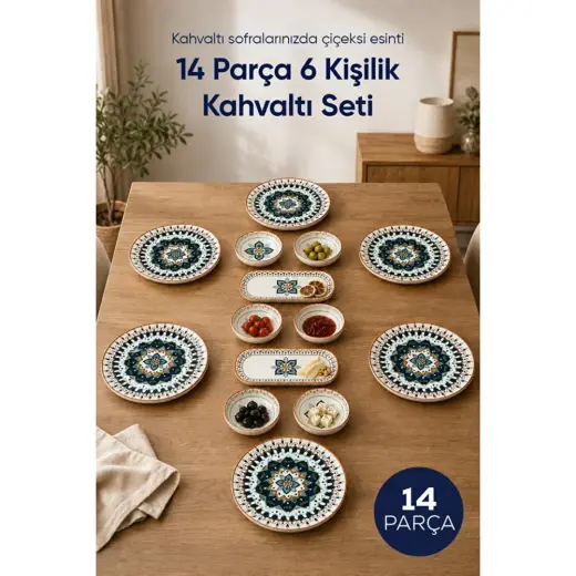 Vienev Safir Desenli 14 Parça 6 Kişilik Seramik Kahvaltı Takımı Servis Sunum Tabaklı Dekoratif Sofra Seti