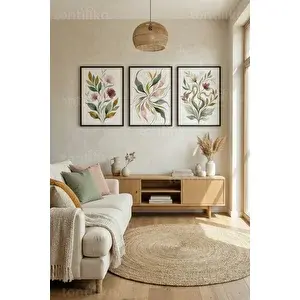 Tontilika Modern Botanik Çiçekler 3’lü Ahşap Çerçeveli Tablo Seti 30x42 cm