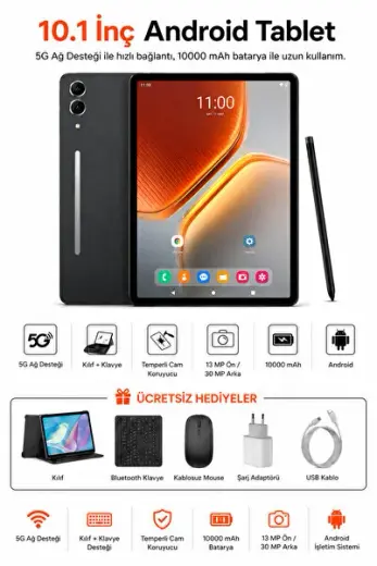 10.1 İnç Android Tablet 6GB RAM 128GB Depolama 10000 mAh Batarya 5G Destekli Klavyeli Tablet Seti