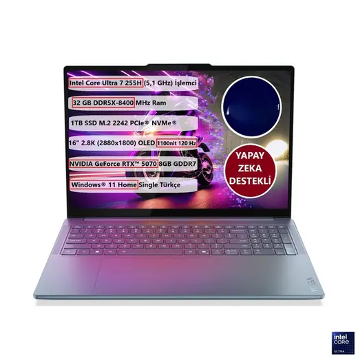Lenovo Yoga Pro 9 16IAH10 83L0008CTR Ultra 7 255H 32 GB 1 TB SSD 8 GB RTX5070 16" W11H Dizüstü Bilgisayar