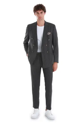 Gri Regular Fit Kruvaze Takım Elbise