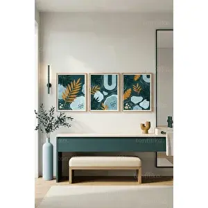 Tontilika Modern Botanik Soyut Desenler 3’lü Ahşap Çerçeveli Tablo Seti 30x42 cm