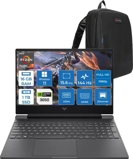 Hp Victus Gaming Amd Ryzen 7-7445HS 16GB Ddr5 1tb SSD Rtx 3050/4GB 15.6" Fhd (1920 x 1080), 144 Hz, Ips, 300 Nits WIN11PRO Gaming Bilgisayar WBX9V1EAF03+ZETTAÇANTA