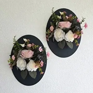 ST Dekor Beyaz Ve Pudra Gül Çiçekli Duvar Dekoru 2 Li Set