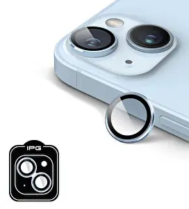 IPG ProLENS iPhone 15 / 15 Plus Kamera Lens Koruyucu Alüminyum CD Çerçeveli, Kırılmaz Cam Açık Mavi