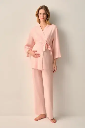 Pembe Çizgili Stripe Hamile Lohusa Sabahlık