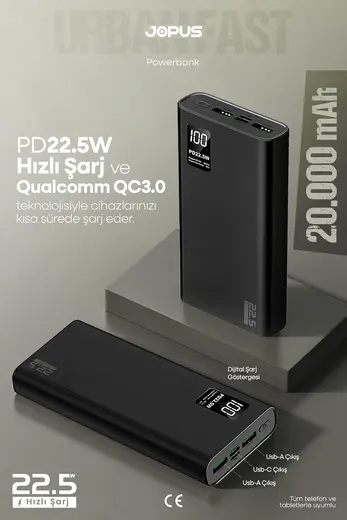 Jopus 17524 20000 mAh 22.5 W PD Dijital Ekranlı Powerbank