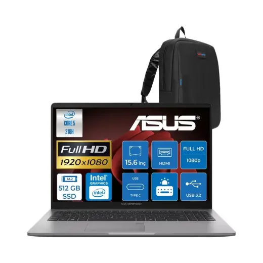 Asus Expertbook P1 P1503CVA Intel® Core™ 5 210H 8gb Ddr5 512GB SSD 15.6" Fullhd (1920 x 1080) 300NITS Freedos Taşınabilir Bilgisayar + Cimete Çanta