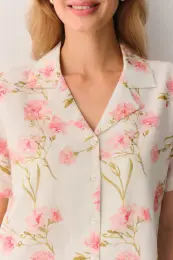 Ekru Desenli Ellen Pamuklu Gömlek Yaka Pijama Takımı 4