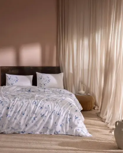 Rumily Çift Kişilik %100 Pamuk Ranforce Baskılı Çarşaflı Nevresim Takımı - Mavi