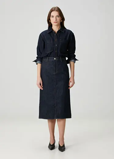 Koyu Lacivert Midi Denim Etek