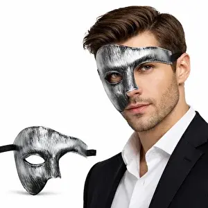 evimdeyokyok Evimdeyokyok Antik Eskitme Gümüş Erkek Yarım Maske - Phantom Parti Balo Maskesi S
