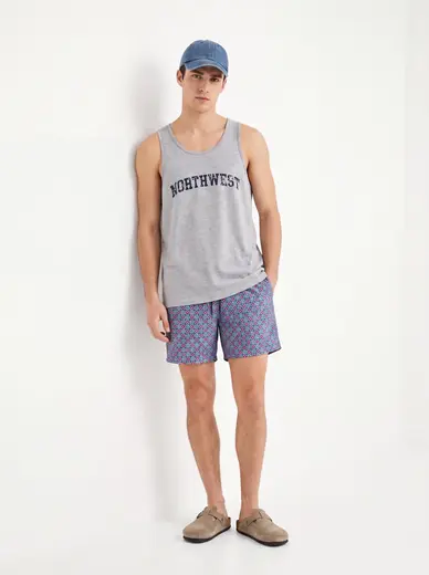 Elastic Waist Patterned Regular Blue Sea Shorts