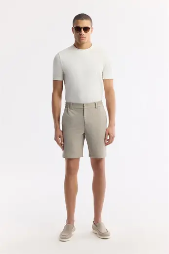 Bej Yanı Lastikli Gofreli Bi-Stretch Chino Şort