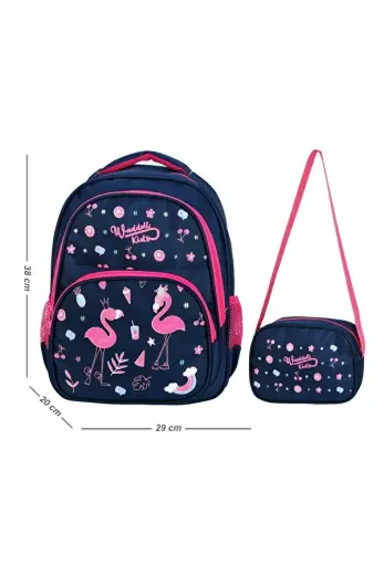 Lisanslı Lacivert Flamingo Desenli Ilkokul Çantası Ve Beslenme Çantası Oval Lazer Baskı
