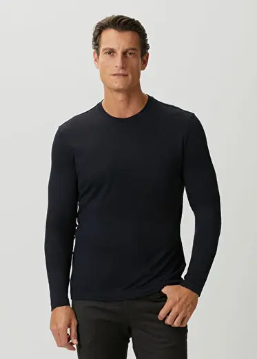 Koyu Mavi Uzun Kollu Yün T-shirt