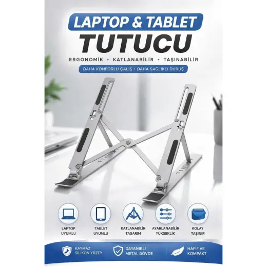 Rose Teknoloji Ayarlanabilir Laptop ve Tablet Standı 7 Kademeli Yükseklik Ayarı Katlanabilir Metal Notebook Tutucu Kaymaz Tabanlı Taşınabilir Stand